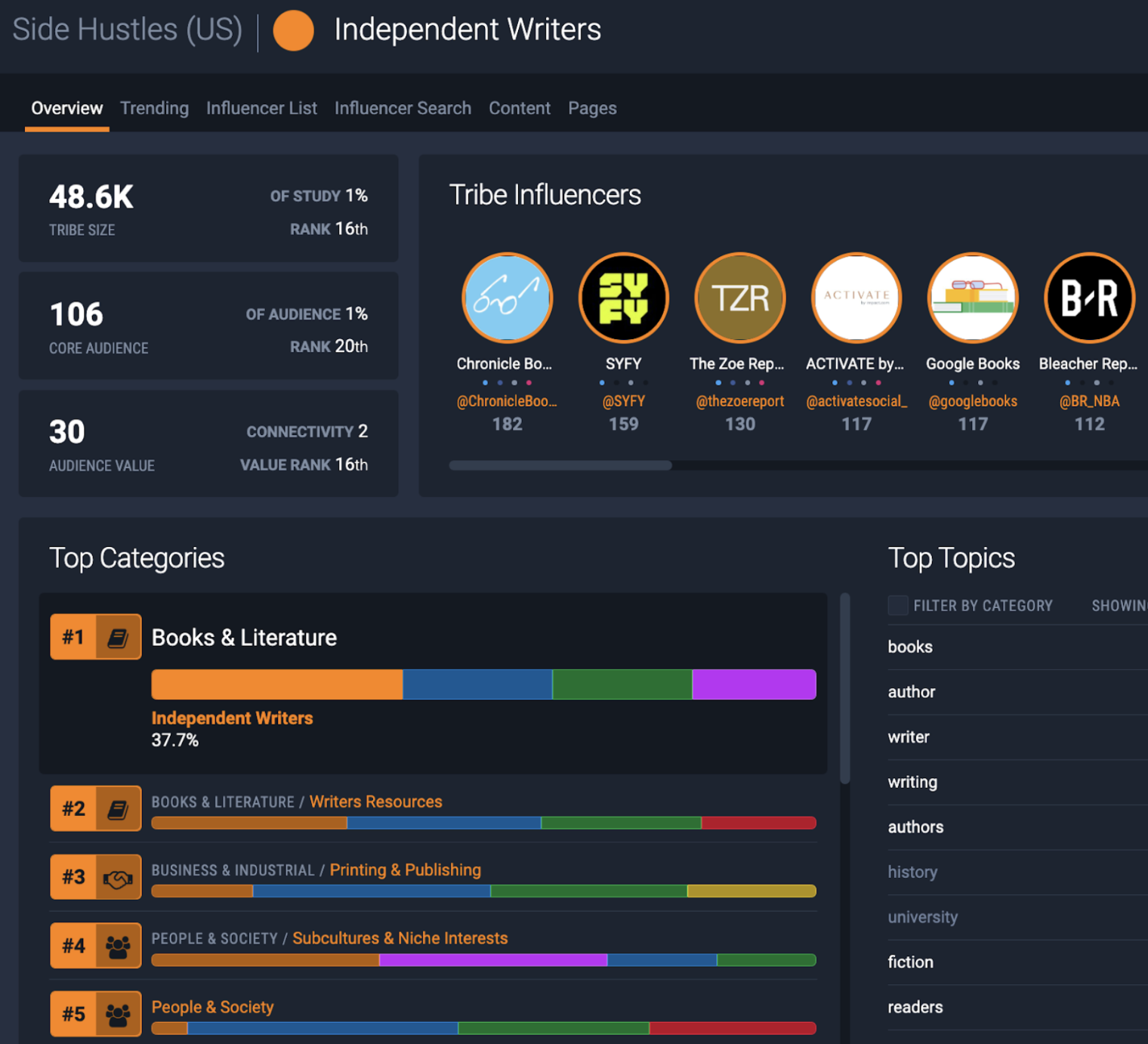 Figure 4: Independent Writers made it into the top 20 tribes within the Side Hustler audience